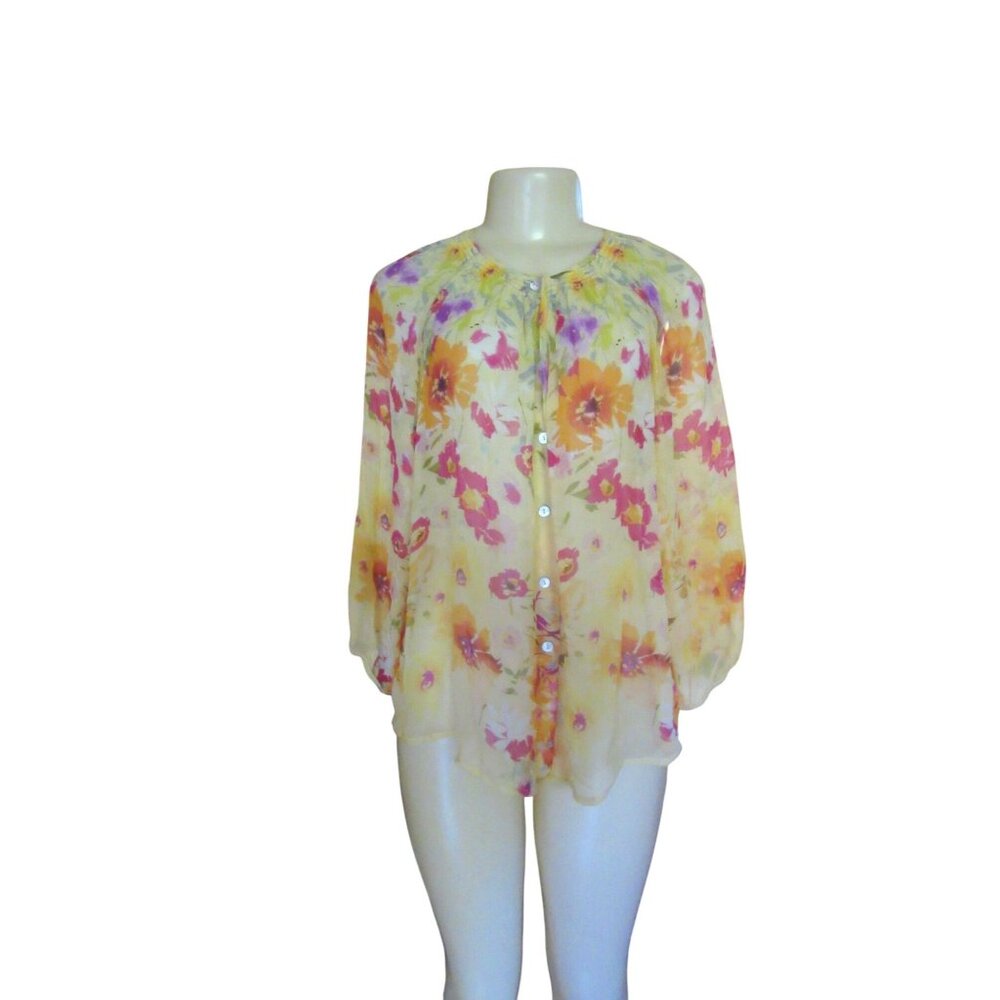 Sundance 100% Silk Yellow Floral Button Down Blouse L